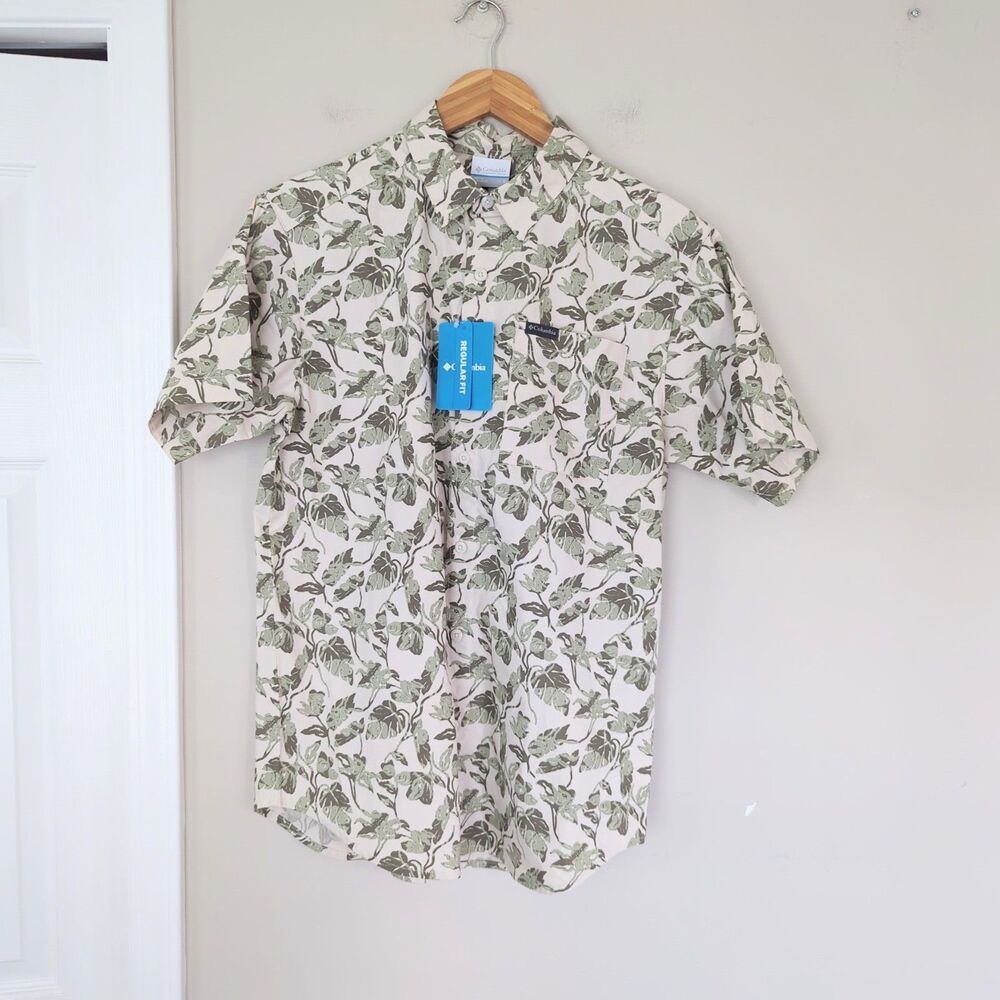 Columbia Men's NWT Tech Trail Utility Green Leaf Printed Button Down Shirt Small